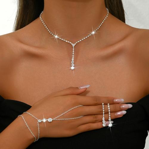 Brass Jewelry Set plated & for woman & with rhinestone silver color Sold By Set