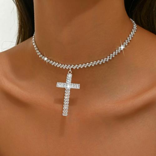 Brass Necklace with 6.3 extender chain Cross plated for woman & with rhinestone Length Approx 11.4 Inch Sold By PC