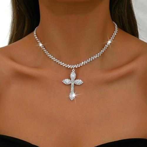 metal collar, con 5.9inch extender cadena, Cruces, chapado, para mujer & con diamantes de imitación, plateado, longitud aproximado 11.4 Inch, Vendido por UD