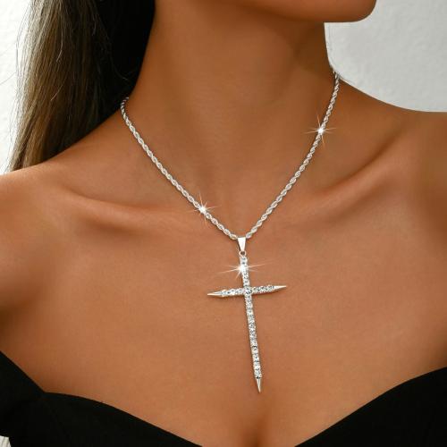 Brass Necklace Cross plated for woman & with rhinestone silver color Sold By PC