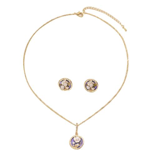 Brass Jewelry Set Stud Earring & necklace with Plastic Pearl with 7cm extender chain 2 pieces & fashion jewelry & for woman & enamel golden Length 42 cm Sold By Set