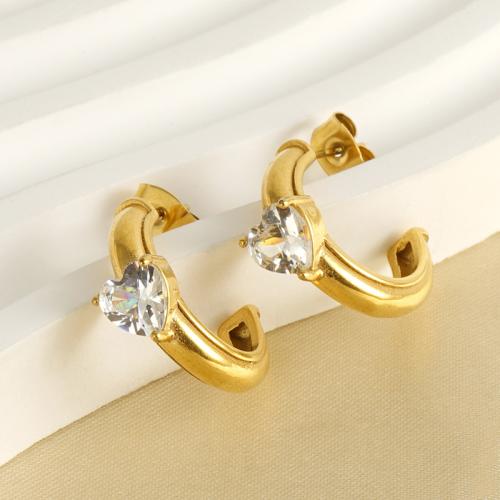 Stainless Steel Stud Earrings 304 Stainless Steel 18K gold plated fashion jewelry & micro pave cubic zirconia & for woman golden 18mm Sold By Pair