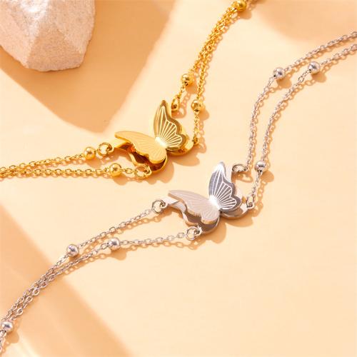 Stainless Steel Jewelry Bracelet 304 Stainless Steel with 6cm extender chain Butterfly Double Layer & fashion jewelry & for woman Sold Per Approx 17 cm Strand