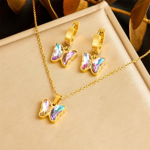 Rhinestone Stainless Steel Jewelry Set earring & necklace 304 Stainless Steel with 5.5cm extender chain Butterfly 2 pieces & for woman & with rhinestone golden Length Approx 50 cm Sold By Set