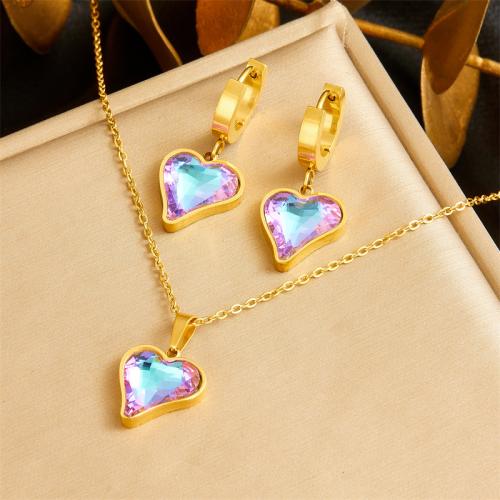 Rhinestone Stainless Steel Jewelry Set earring & necklace 304 Stainless Steel with 5.5cm extender chain Heart 2 pieces & for woman & with rhinestone golden Length Approx 40 cm Sold By Set