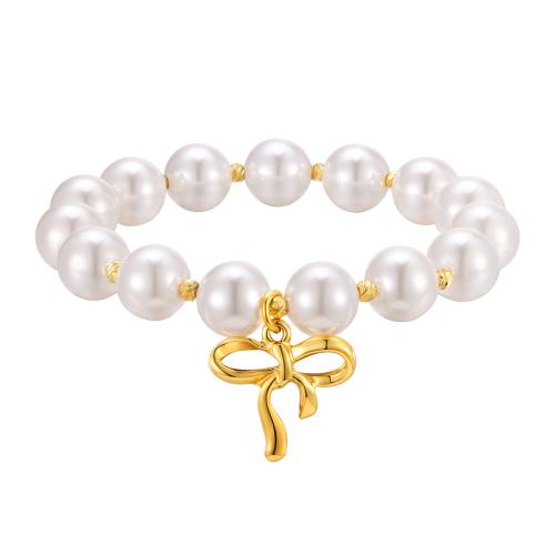 Mässing Armband, med Plast Pearl, Bowknot, 18K guldpläterad, mode smycken & för kvinna, gyllene, Längd Ca 17 cm, Säljs av PC