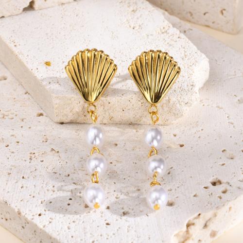 Stainless Steel Drop Earring 304 Stainless Steel with Plastic Pearl fashion jewelry & for woman golden 57.50mm Sold By Pair