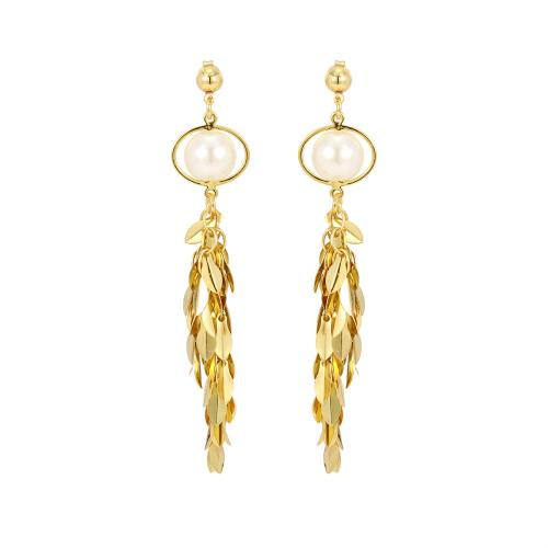 Brass Drop Earring with Resin Pearl Leaf gold color plated fashion jewelry & for woman nickel lead & cadmium free Sold By Pair