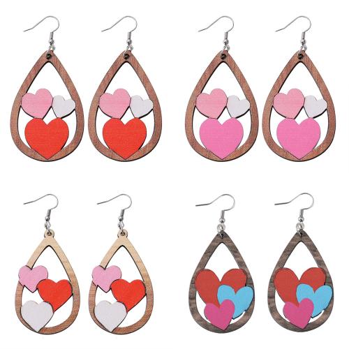 Wood Earring with 304 Stainless Steel Teardrop printing & for woman & double-sided & hollow Sold By Pair