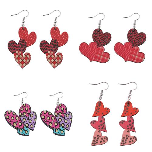 Wood Earring with 304 Stainless Steel Heart printing & for woman & double-sided Sold By Pair