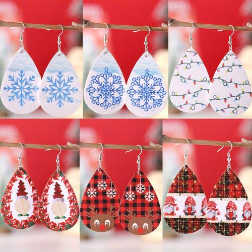 Christmas Earrings PU Leather with 304 Stainless Steel Teardrop printing Christmas Design & for woman & double-sided Sold By Pair