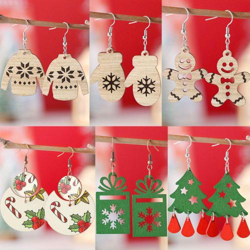 Christmas Earrings Wood with 304 Stainless Steel printing Christmas Design & for woman & double-sided Sold By Pair