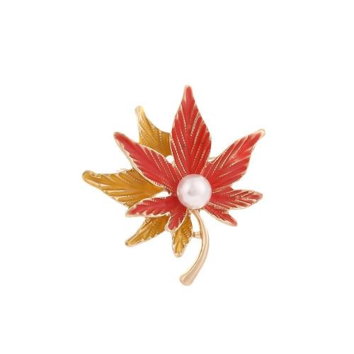 Zinc Alloy Brocher, med Plastic Pearl, Maple Leaf, forgyldt, for kvinde & emalje, flere farver til valg, Solgt af PC