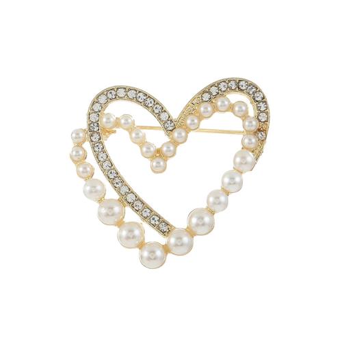 Zinc Alloy Brocher, med Plastic Pearl, Heart, forgyldt, for kvinde & med rhinestone, flere farver til valg, 32x32mm, Solgt af PC