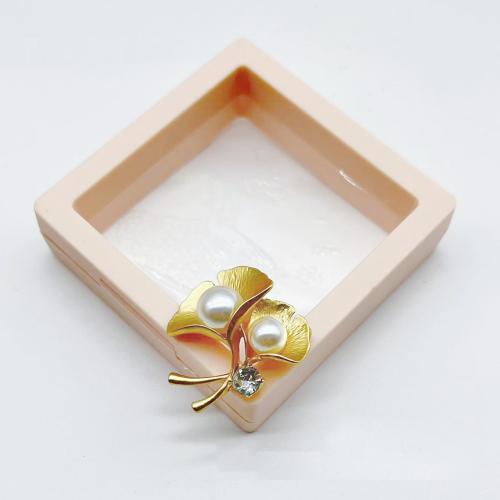 Zinc Alloy Brooches with Plastic Pearl Ginkgo Leaf plated for woman & with rhinestone gold Sold By PC