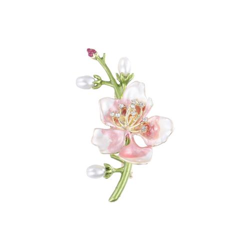 Zinc Alloy Brooches with Plastic Pearl Flower plated for woman & enamel & with rhinestone Sold By PC