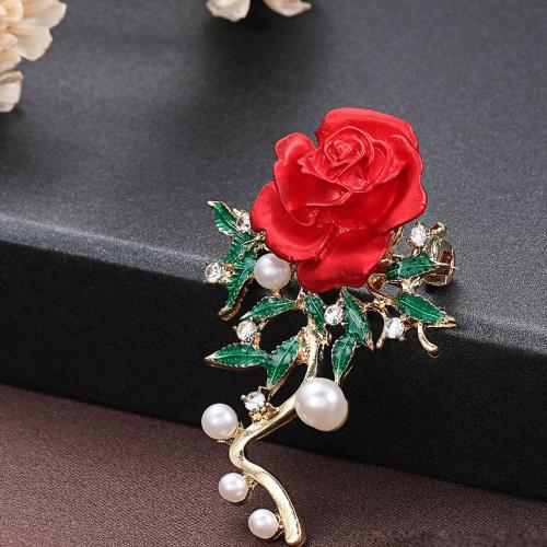 Zinc Alloy Brocher, med Plastic Pearl, Rose, forgyldt, for kvinde & emalje & med rhinestone, guld, Solgt af PC