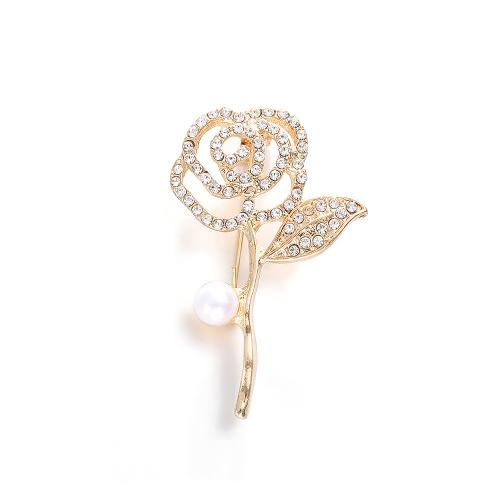 Zinc Alloy Brocher, med Plastic Pearl, Rose, forgyldt, for kvinde & med rhinestone, guld, Solgt af PC