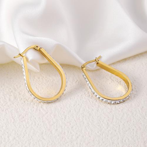 Stainless Steel Lever Terug Earring, 304 roestvrij staal, 18K verguld, mode sieraden & voor vrouw & met strass, gouden, 34x24mm, Verkocht door pair