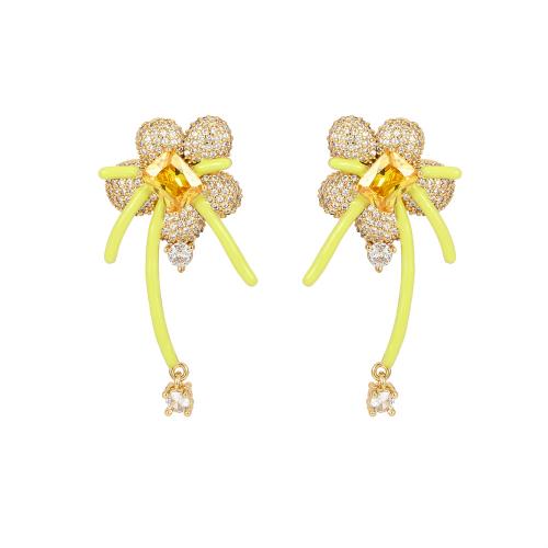 Cubic Zirconia Micro Pave Brass Earring Flower plated fashion jewelry & micro pave cubic zirconia & for woman & enamel nickel lead & cadmium free Sold By Pair