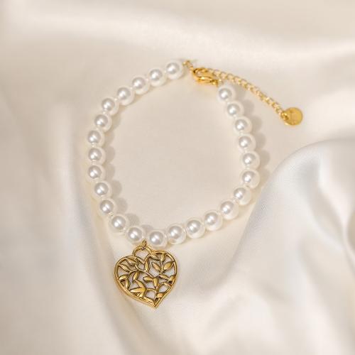 Stainless Steel Jewelry Bracelet 304 Stainless Steel with Plastic Pearl Heart gold color plated for woman white Sold By PC