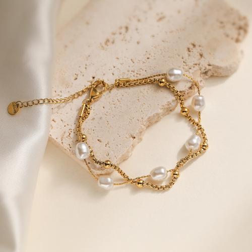 Stainless Steel Jewelry Bracelet 304 Stainless Steel with Plastic Pearl gold color plated for woman Sold By PC