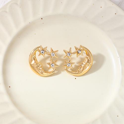 Zinc Alloy Stud Earring Moon and Star plated micro pave cubic zirconia & for woman gold Sold By Pair