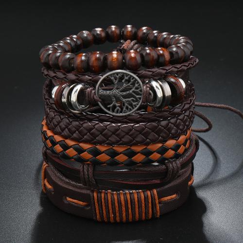 PU Leather Cord Bracelets Zinc Alloy with PU Leather 6 pieces & multilayer & for man coffee color Sold By Set