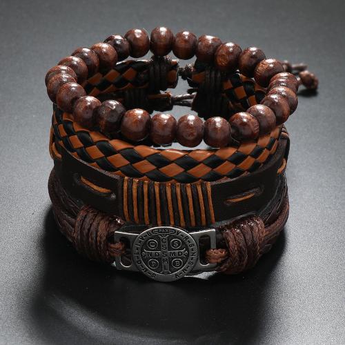 PU Leather Cord Bracelets with Zinc Alloy plated 4 pieces & for man coffee color Sold By Set