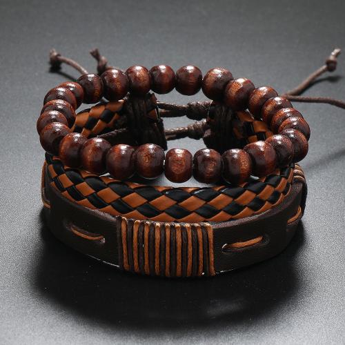 PU Leather Cord Bracelets with Wood three pieces & multilayer & for man coffee color Sold By Set