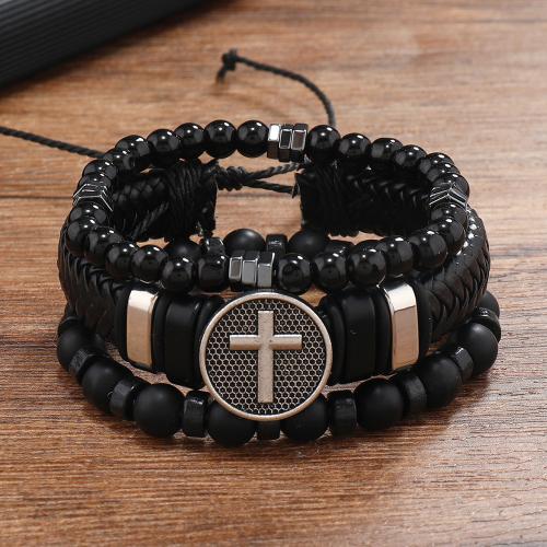 PU Leather Cord Bracelets with Abrazine Stone & Zinc Alloy three pieces & multilayer & for man black Sold By Set