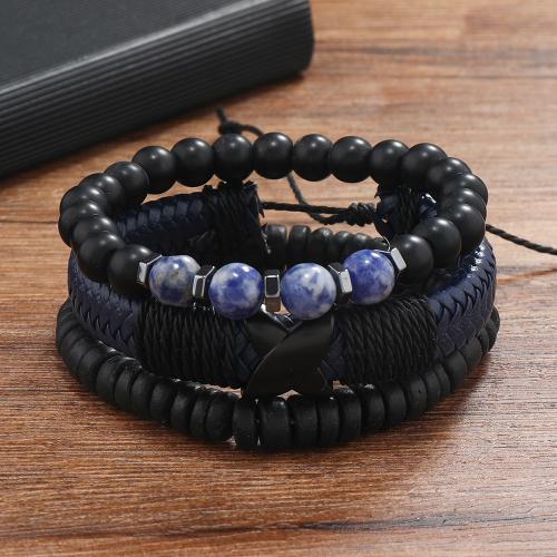 PU Leather Cord Bracelets with Natural Stone handmade three pieces & for man mixed colors Sold By Set