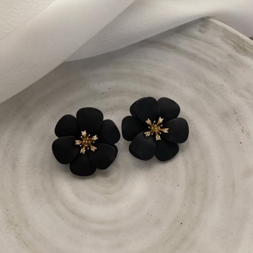 Brass Stud Earring Flower fashion jewelry & for woman black Sold By Pair