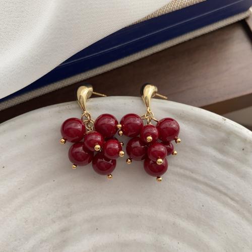 Brass Stud Earring with Glass Beads Grape fashion jewelry & for woman red Sold By Pair