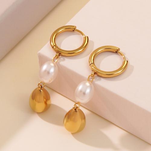 Huggie Hoop Drop Earring 304 Stainless Steel with Plastic Pearl fashion jewelry & for woman golden Sold By Pair