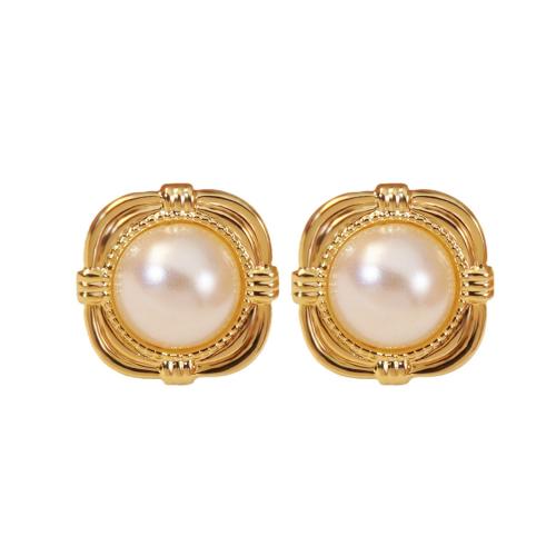 Roestvrij staal Stud Earrings, 304 roestvrij staal, met Plastic Pearl, mode sieraden & voor vrouw, gouden, 15.70x15.70mm, Verkocht door pair