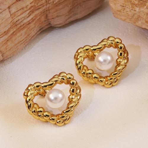 Roestvrij staal Stud Earrings, 304 roestvrij staal, met Plastic Pearl, Hart, mode sieraden & voor vrouw, gouden, 19.20x22.50mm, Verkocht door pair