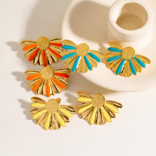 Stainless Steel Stud Earrings 304 Stainless Steel Sunflower Vacuum Ion Plating fashion jewelry & for woman & enamel Sold By Pair