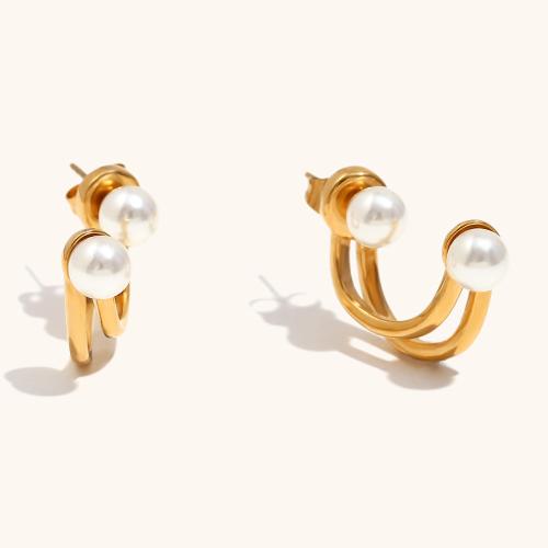 Roestvrij staal Stud Earrings, 304 roestvrij staal, met Plastic Pearl, plated, mode sieraden & voor vrouw & hol, meer kleuren voor de keuze, Verkocht door pair