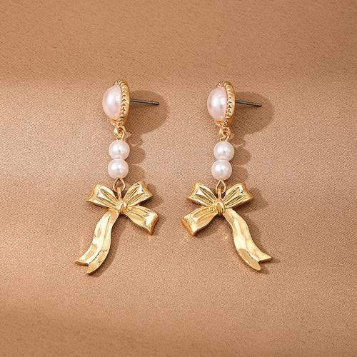 Zinc Alloy Stud Earring with Plastic Pearl Bowknot plated for woman gold Sold By Pair