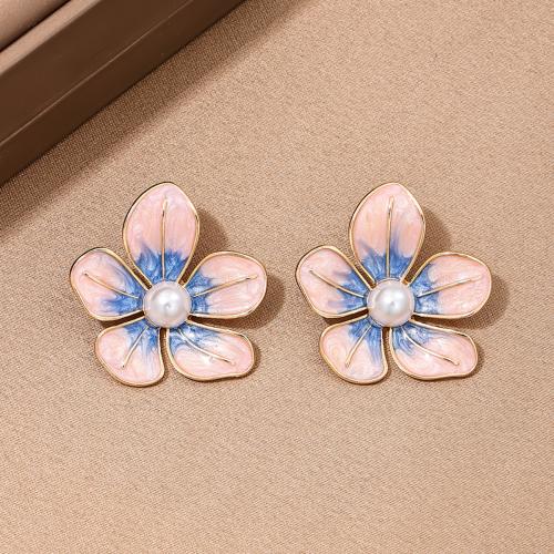 Zinc Alloy Stud Earring with Plastic Pearl petals plated for woman & enamel pink Sold By Pair