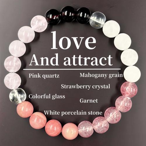 Βραχιόλια Gemstone, Rose Quartz, με Χάντρες από γυαλί & Λευκή πορσελάνη & Strawberry Quartz & Λυχνίτης, Γύρος, χειροποίητο, κοσμήματα μόδας & για άνδρες και γυναίκες, Μήκος Περίπου 6.3-7.87 inch, Sold Με PC