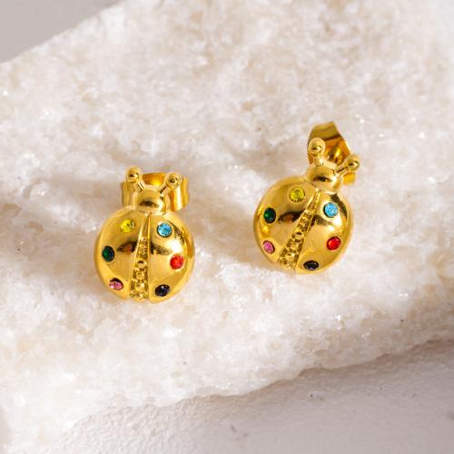 Stainless Steel Stud Earrings 304 Stainless Steel Ladybug Vacuum Ion Plating fashion jewelry & for woman & with rhinestone golden Sold By Pair