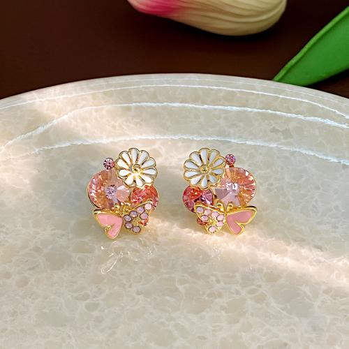 Cubic Zirconia Micro Pave Brass Earring Flower gold color plated fashion jewelry & micro pave cubic zirconia & enamel pink nickel lead & cadmium free Sold By Pair