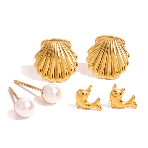 Stainless Steel Stud Earrings 304 Stainless Steel with ABS Plastic Pearl gold color plated three pieces & fashion jewelry golden Sold By Set