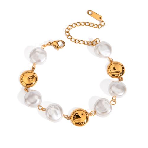 Stainless Steel Jewelry Bracelet 304 Stainless Steel with Glass Pearl gold color plated fashion jewelry golden Sold By PC