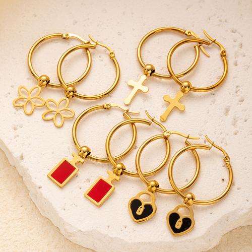 Titanium Steel  Earring gold color plated fashion jewelry & enamel golden Sold By Pair