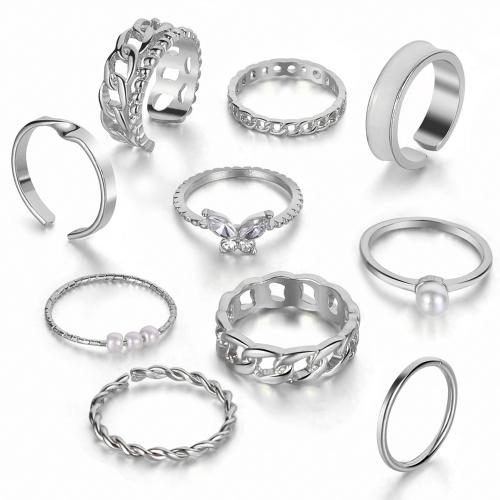 Zinc Alloy Finger Ring with Crystal & Plastic Pearl plated 10 pieces & fashion jewelry nickel lead & cadmium free Sold By Set