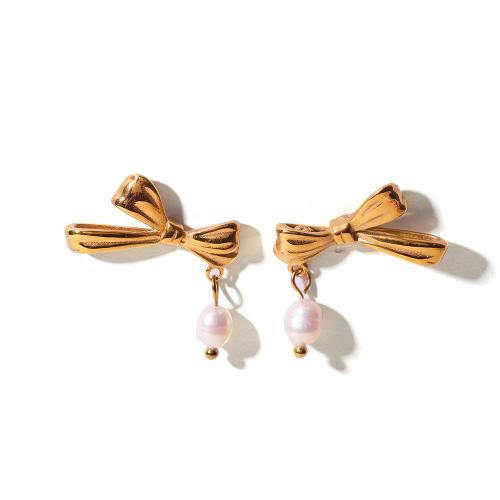 Stainless Steel Stud Earrings 304 Stainless Steel with ABS Plastic Pearl Bowknot plated fashion jewelry Sold By Pair