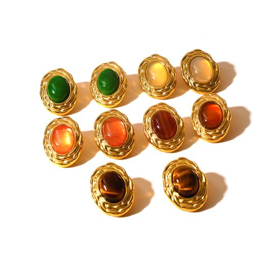 Stainless Steel Stud Earrings 304 Stainless Steel with Gemstone gold color plated fashion jewelry Sold By Pair